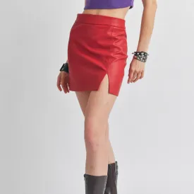 Red Slit Leatherette Mini Skirt