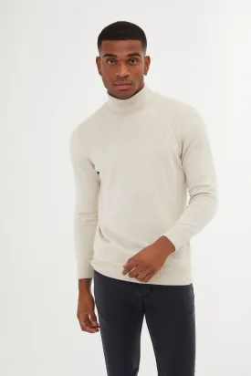 Regular Fit Patterned Cotton Blend Khaki Turtleneck Sweater, Stone