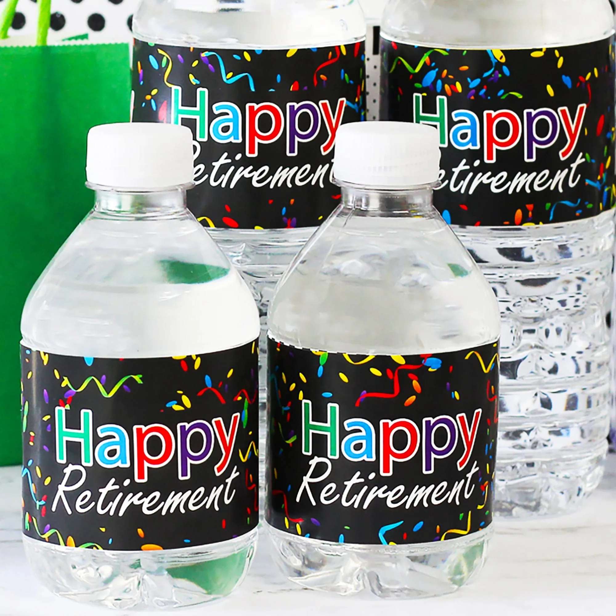 Retirement Party: Colorful Confetti -  Water Bottle Labels - 24 Stickers