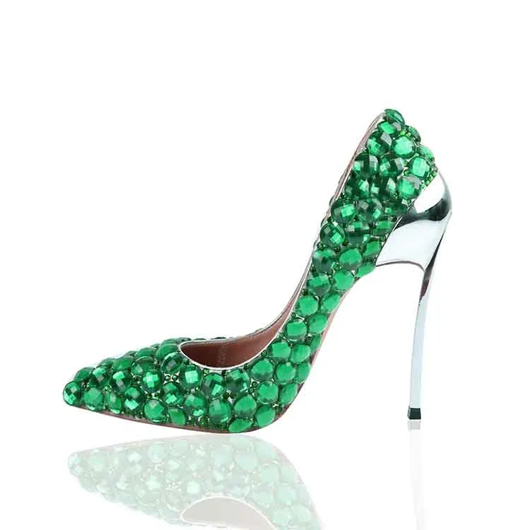 Rhinestone Pointed Toe Stiletto Heels Crystal Green Shoes Metal Heels