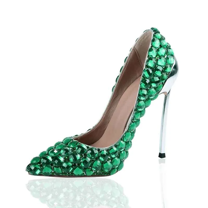 Rhinestone Pointed Toe Stiletto Heels Crystal Green Shoes Metal Heels