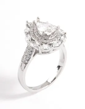 Rhodium Flare Pear Cubic Zirconia Ring