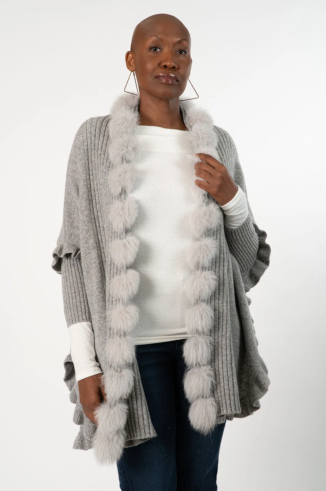 Rippe's Furs Fox Fur Trim Ruffled Wool Wrap - Light Grey