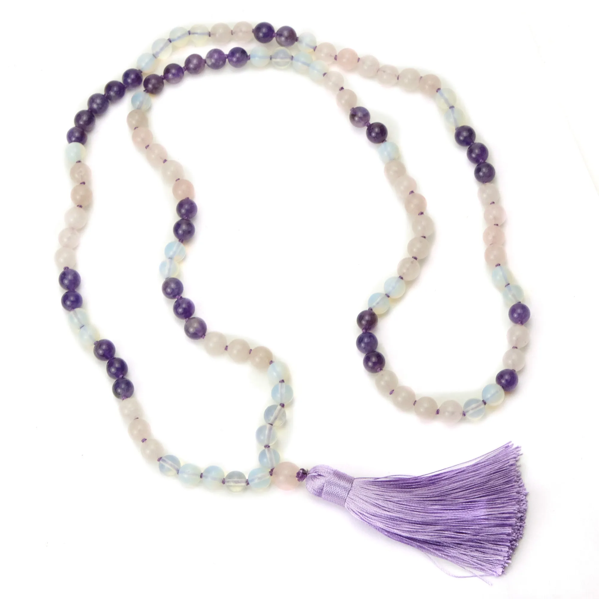 Rose Quartz, Opalite and Amethyst 8mm Knotted Mala with Silk Tassel #95