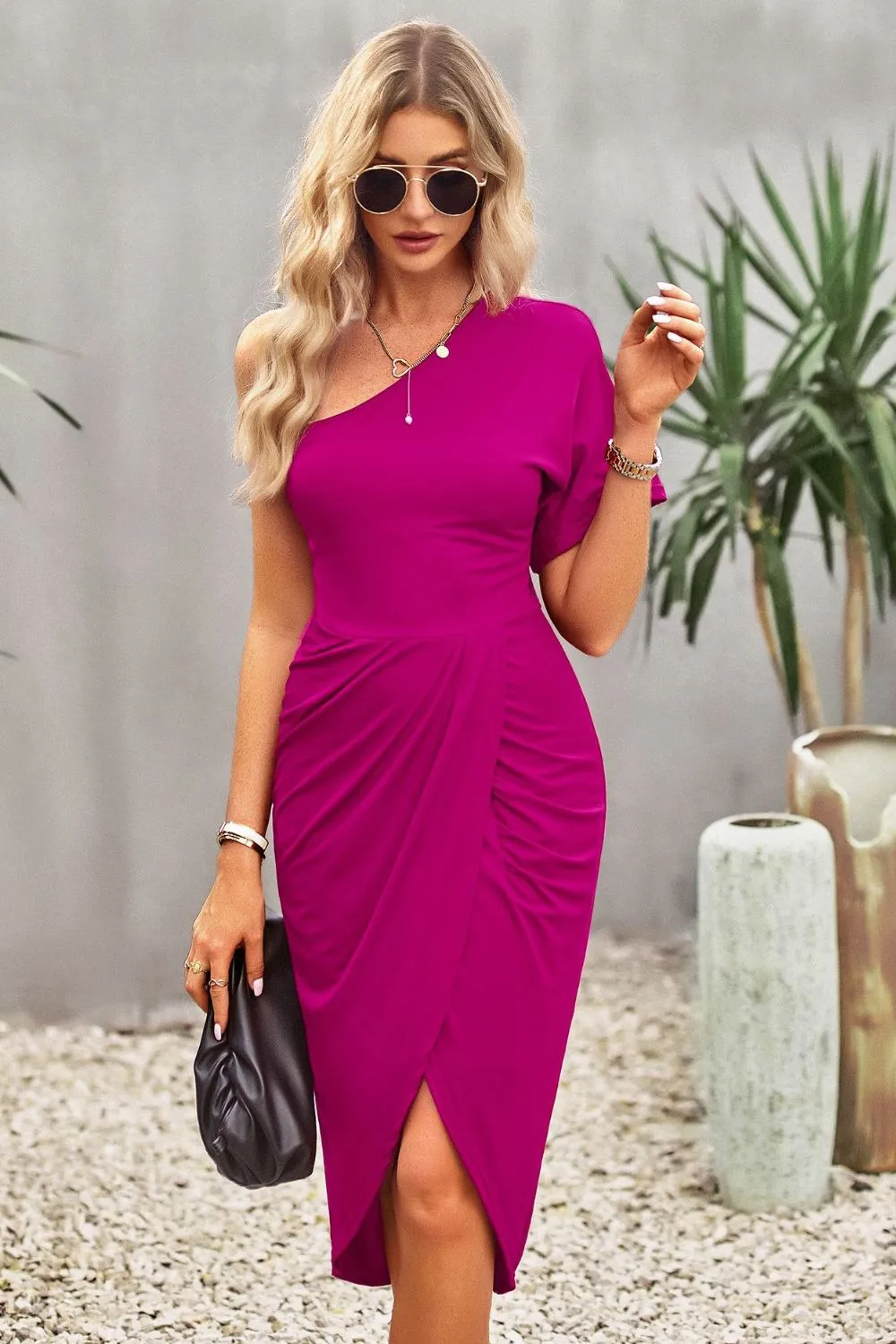 Ruched One-Shoulder Tulip Hem Dress