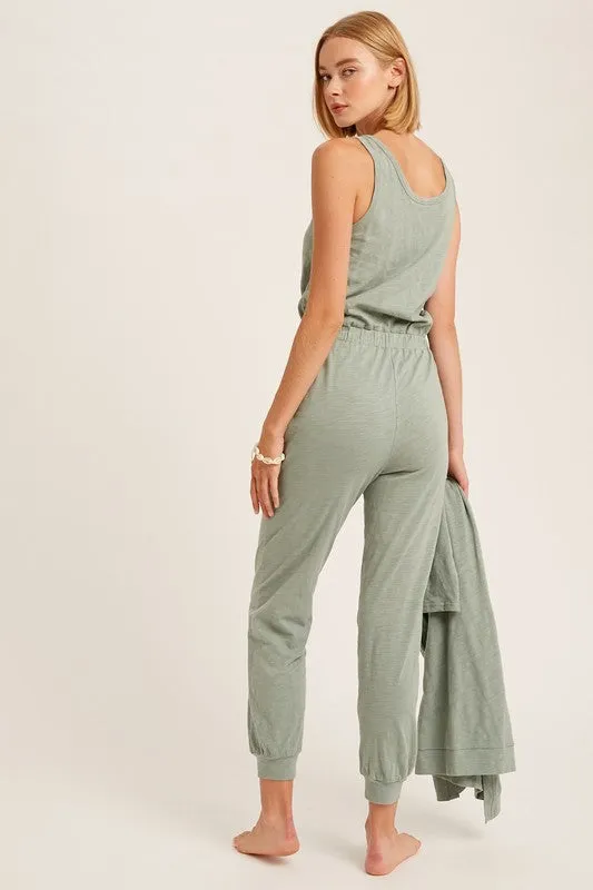 Sage Textured Jumpsuit And Long Cardigan Knit Sets