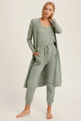 Sage Textured Jumpsuit And Long Cardigan Knit Sets