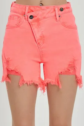 Salmon RISEN Distressed Asymmetrical Waist Denim Shorts