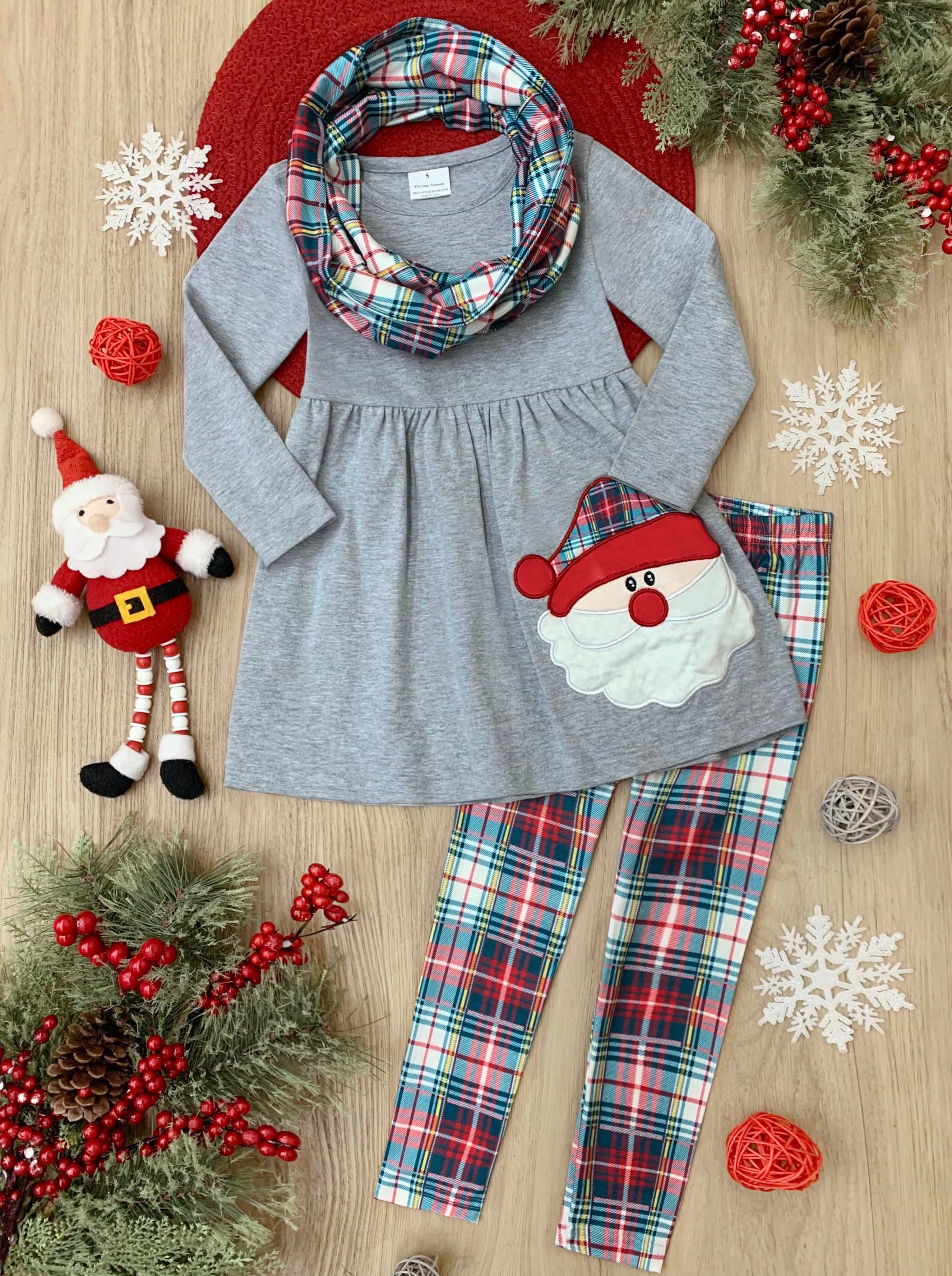 Santa Is The Best! Plaid Tunic, Scarf, and Legging Set