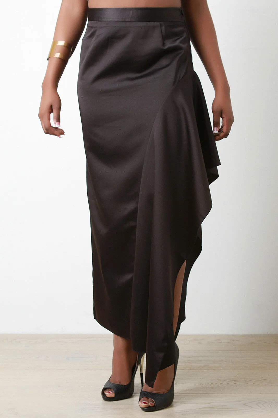 Satin Asymmetrical Drape Midi Skirt