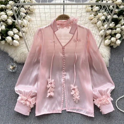 Satin V-Neck Lantern Sleeve Blouse