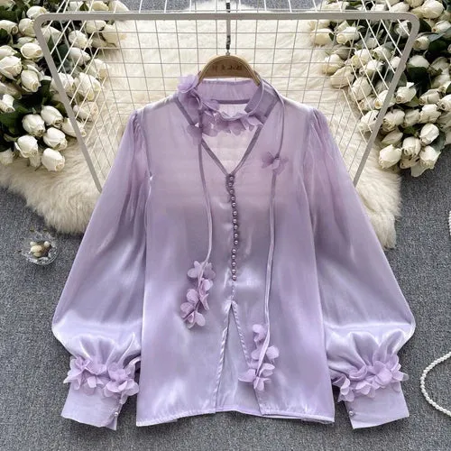 Satin V-Neck Lantern Sleeve Blouse