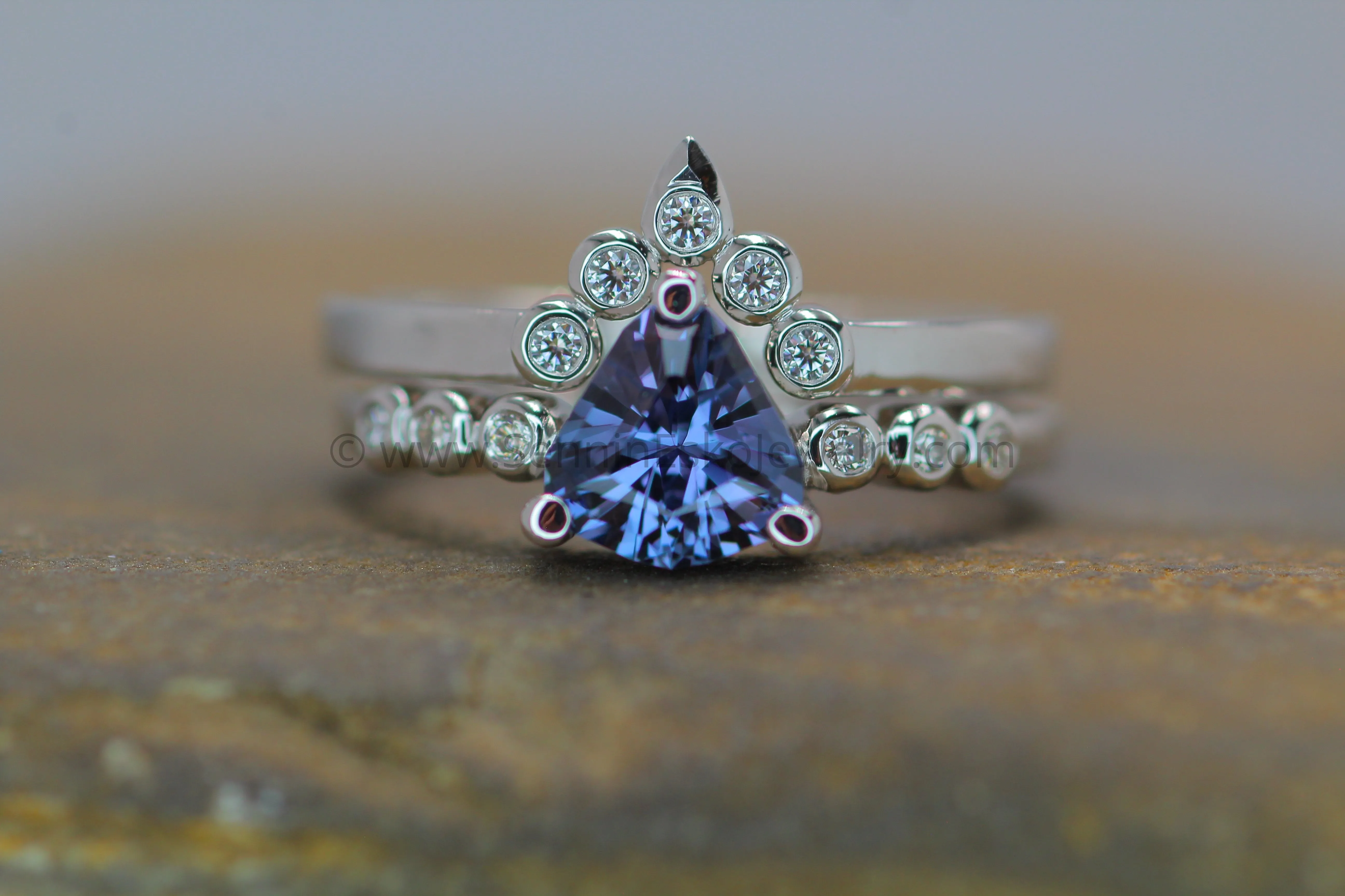 Seven Stone Diamond Accented Prong Setting - Depicted with a Lilac Spinel (Setting Only, Center Stone Sold Separately)