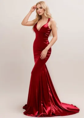 Sexy Deep V neck tie back mermaid silky satin prom dress