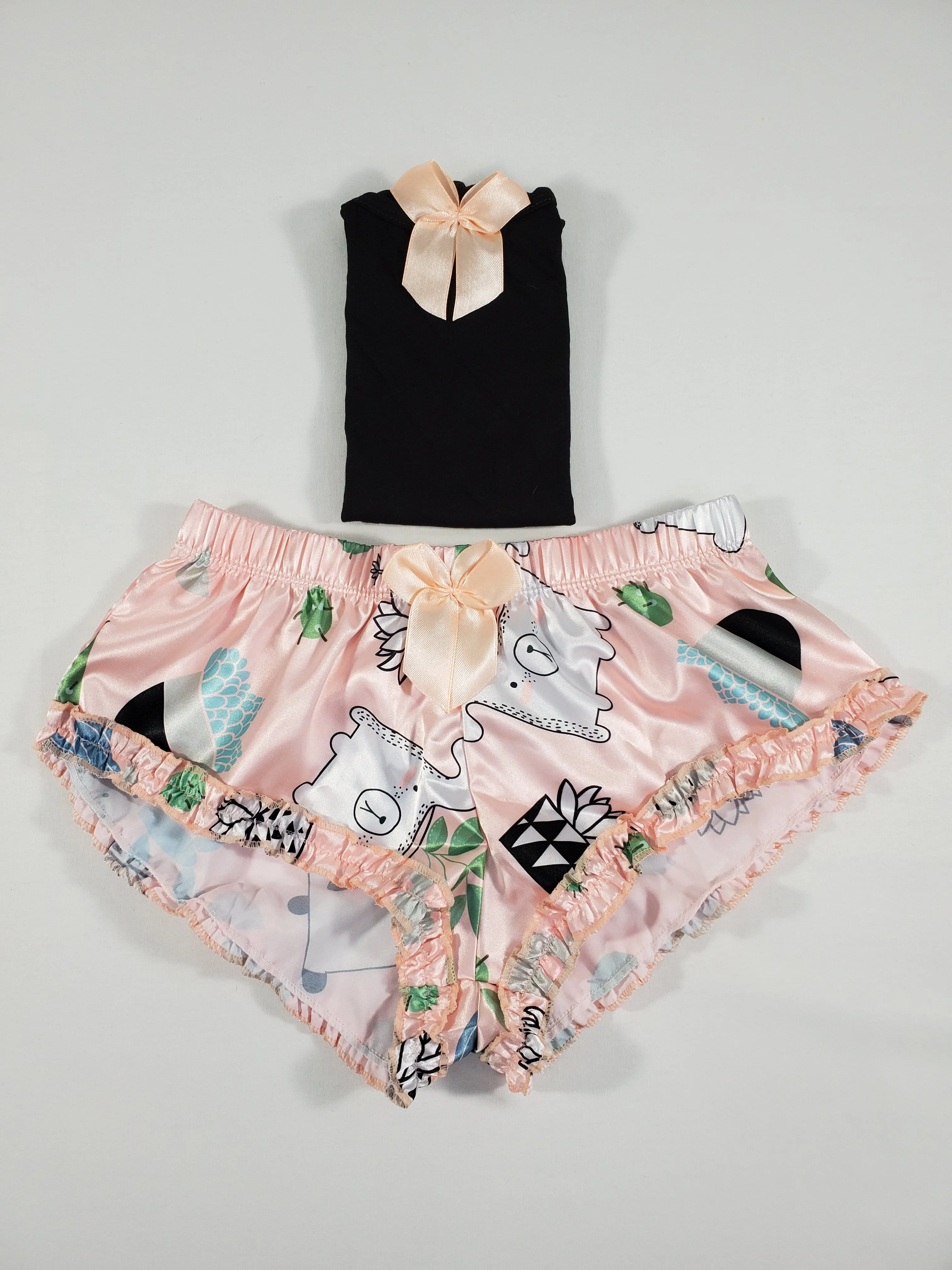 Sexy Women's pajama salmon satin shorts flowers and dogs theme black blouse