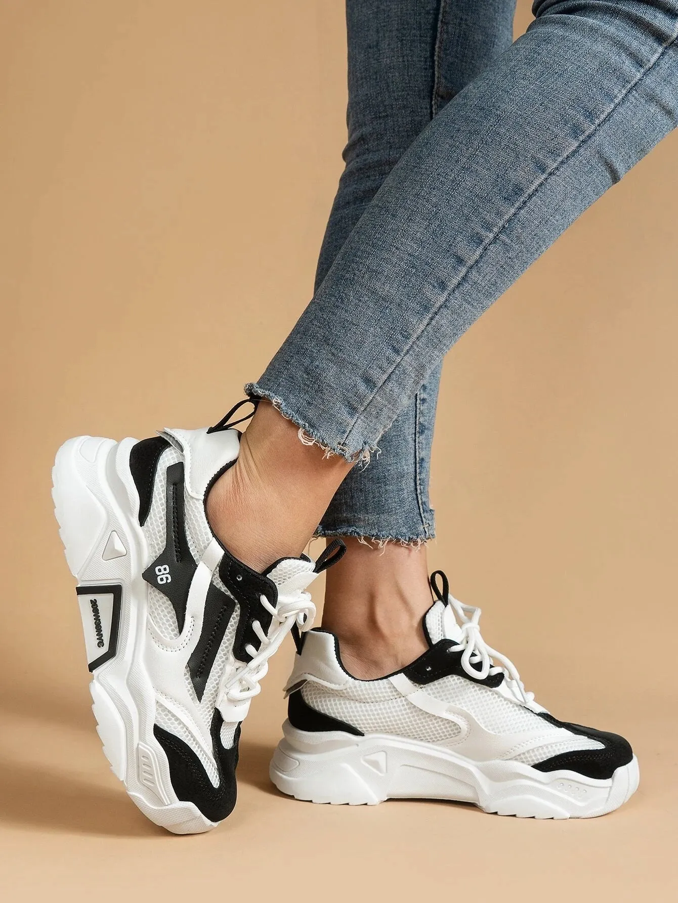 SHEIN Number Pattern Two Tone Lace-up Front Chunky Sneakers