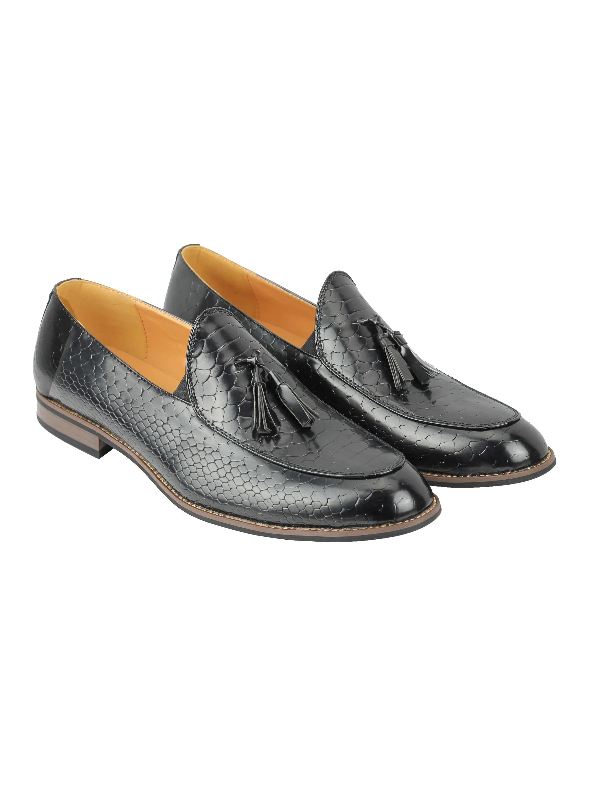 SHINY FAUX LEATHER PRINTED TASSEL LOAFERS