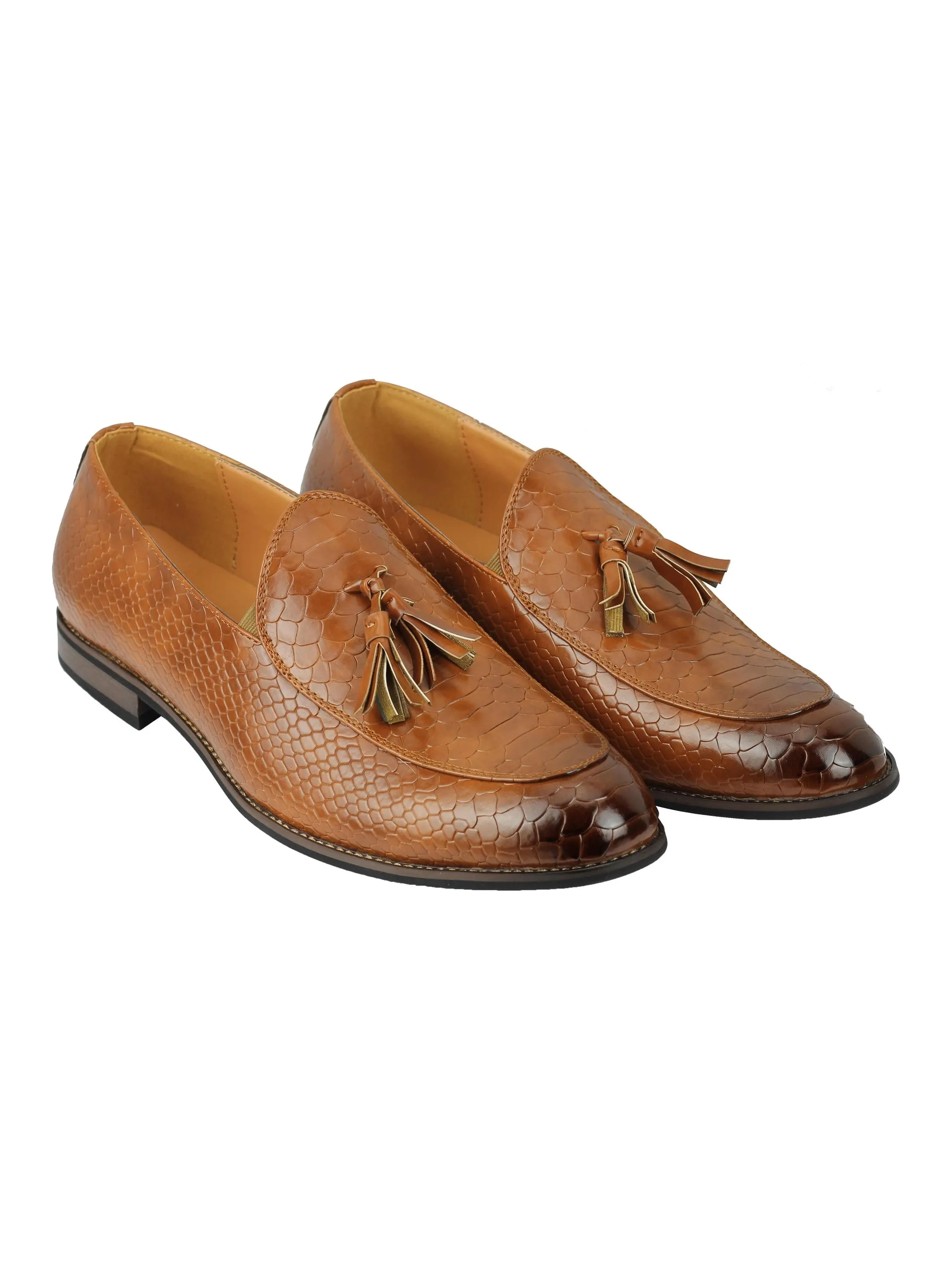 SHINY FAUX LEATHER PRINTED TASSEL LOAFERS