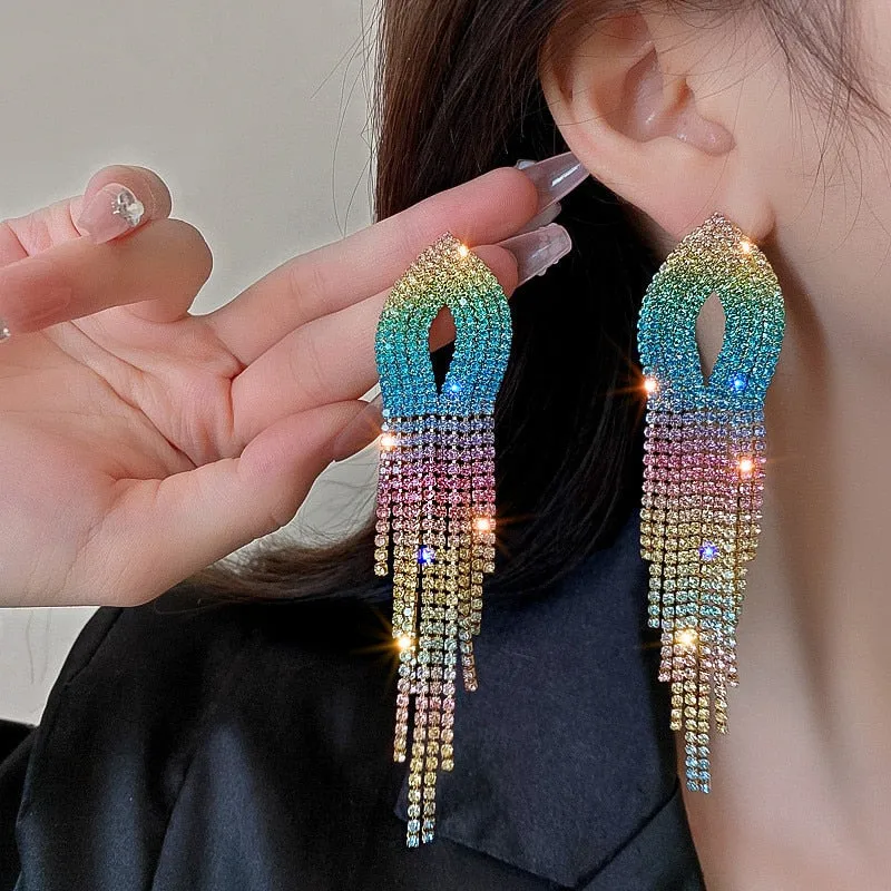 Shiny Rainbow Color Crystal Earrings for Women Long Tassel Rhinestone Dangle Earrings