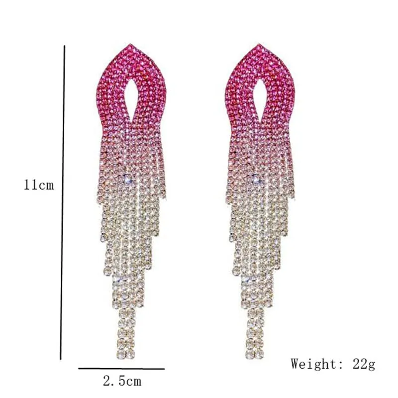 Shiny Rainbow Color Crystal Earrings for Women Long Tassel Rhinestone Dangle Earrings