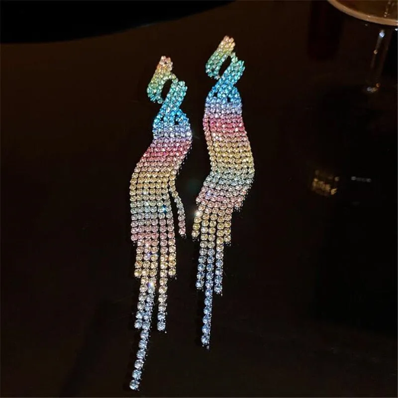 Shiny Rainbow Color Crystal Earrings for Women Long Tassel Rhinestone Dangle Earrings