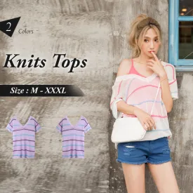 SHORT SLEEVE STRIPED KNITSWEAR TOPS