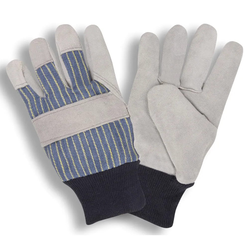 Shoulder-Split Leather Palm Gloves, Blue/Yellow Striped, Bulk 12-Pack