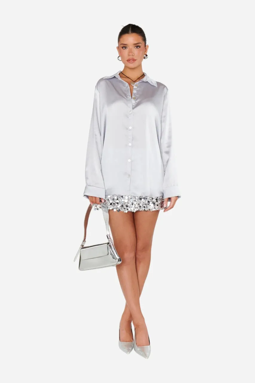 Show Me Your Mumu Smith Button Down Silver Luxe Satin