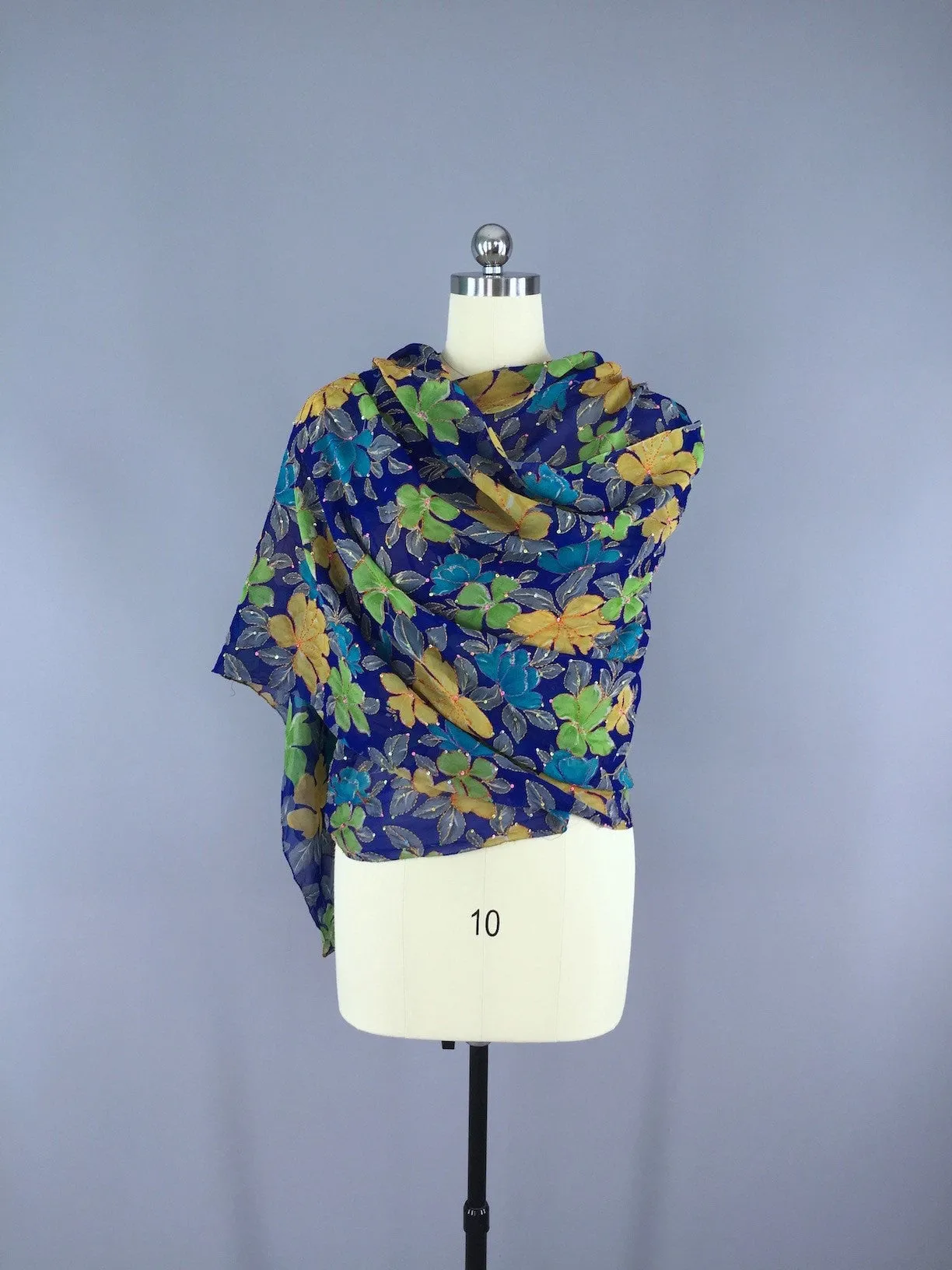 Silk Sari Scarf Shawl Wrap / Blue Floral