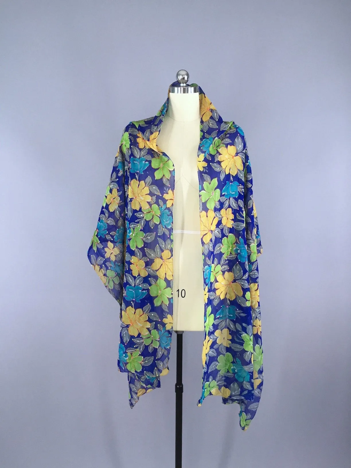 Silk Sari Scarf Shawl Wrap / Blue Floral