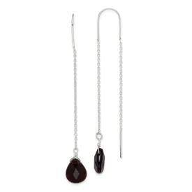 Silver Black Quartz Dangle Threader Earrings