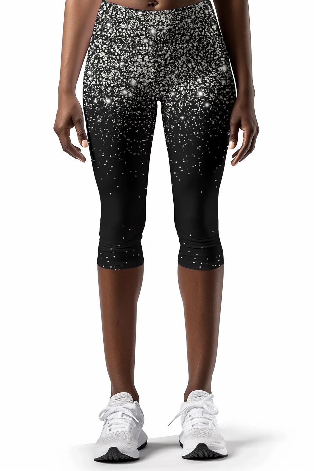 Silver Chichi Ellie Black Glitter Printed Yoga Capri Leggings - Women