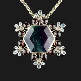 Silver Fluorite Garnet Topaz Snowflake Brooch Pendant Necklace