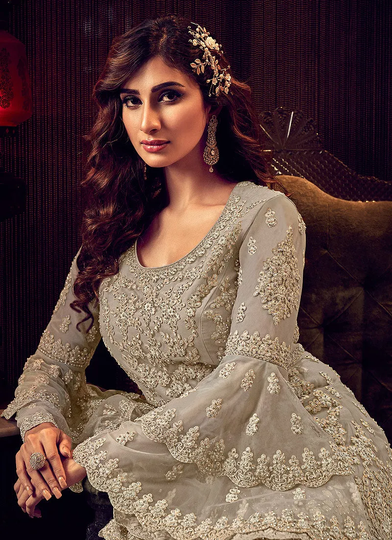 Silver Grey Embroidered Sharara Suit