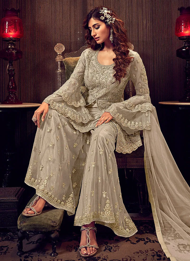 Silver Grey Embroidered Sharara Suit