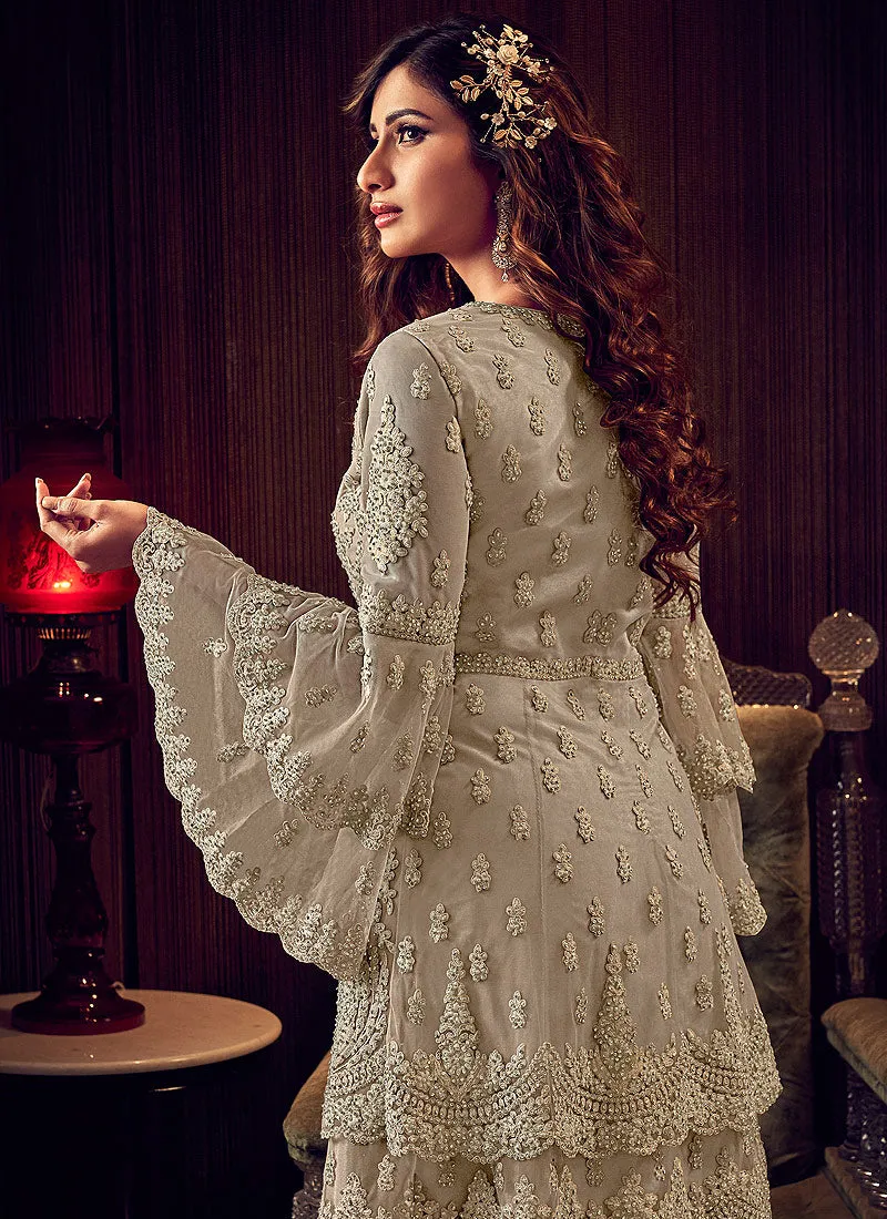 Silver Grey Embroidered Sharara Suit