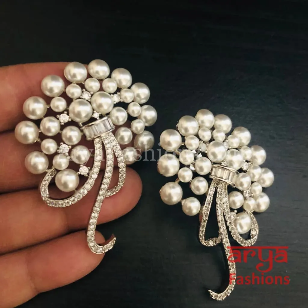 Silver Pearl Cubic Zirconia Designer Studs