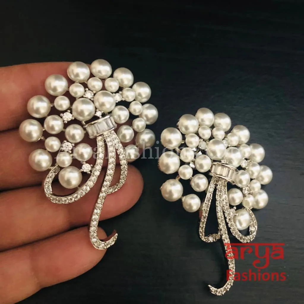 Silver Pearl Cubic Zirconia Designer Studs