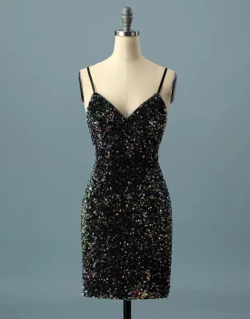 Simple Black Sequin Spaghetti Straps V Back Short Homecoming Dress