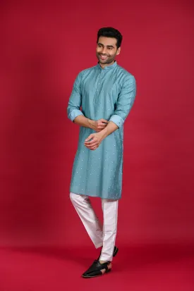 Sky Blue Resham Work Kurta Pajama Set in Silk