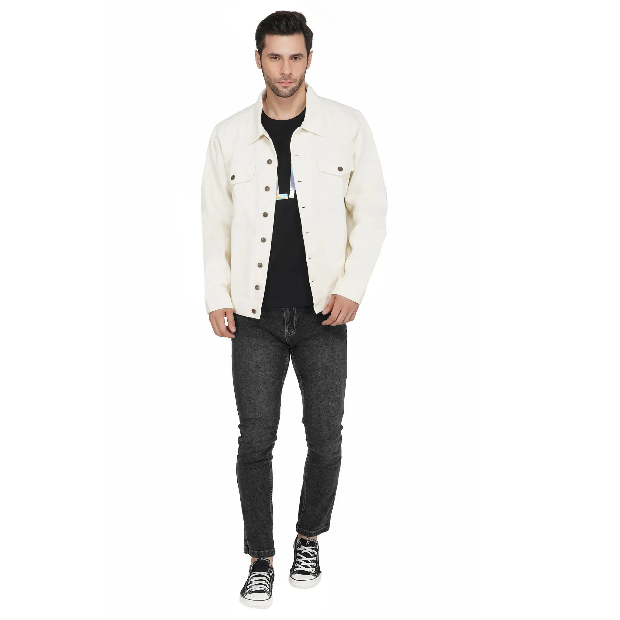 SLAY. Men's Off-White Vintage Button-Down Denim Biker Jacket