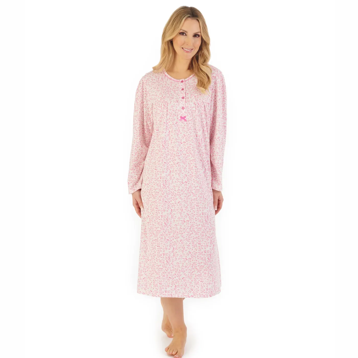 Slenderella Leaf Print Jersey Long Sleevee Nightdress | Pink