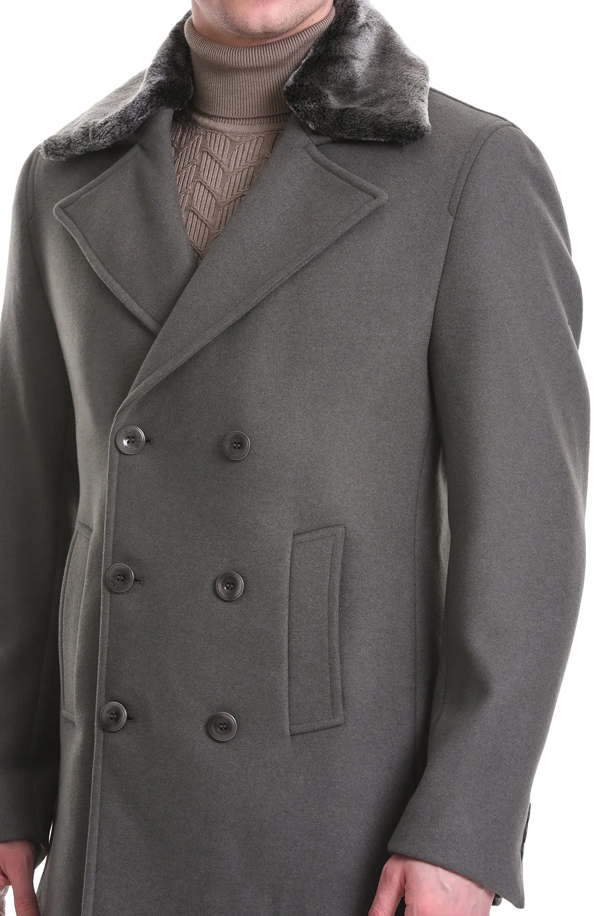 Slim Fit Cachet Double Breasted Musty Gray Wool Blend Coat