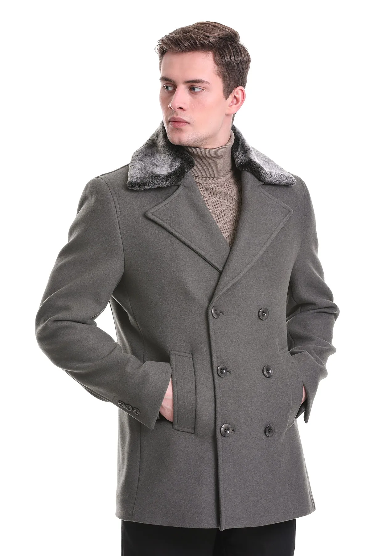 Slim Fit Cachet Double Breasted Musty Gray Wool Blend Coat