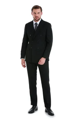 Slim Fit Double Breasted Black Wool Blend Classic Suit