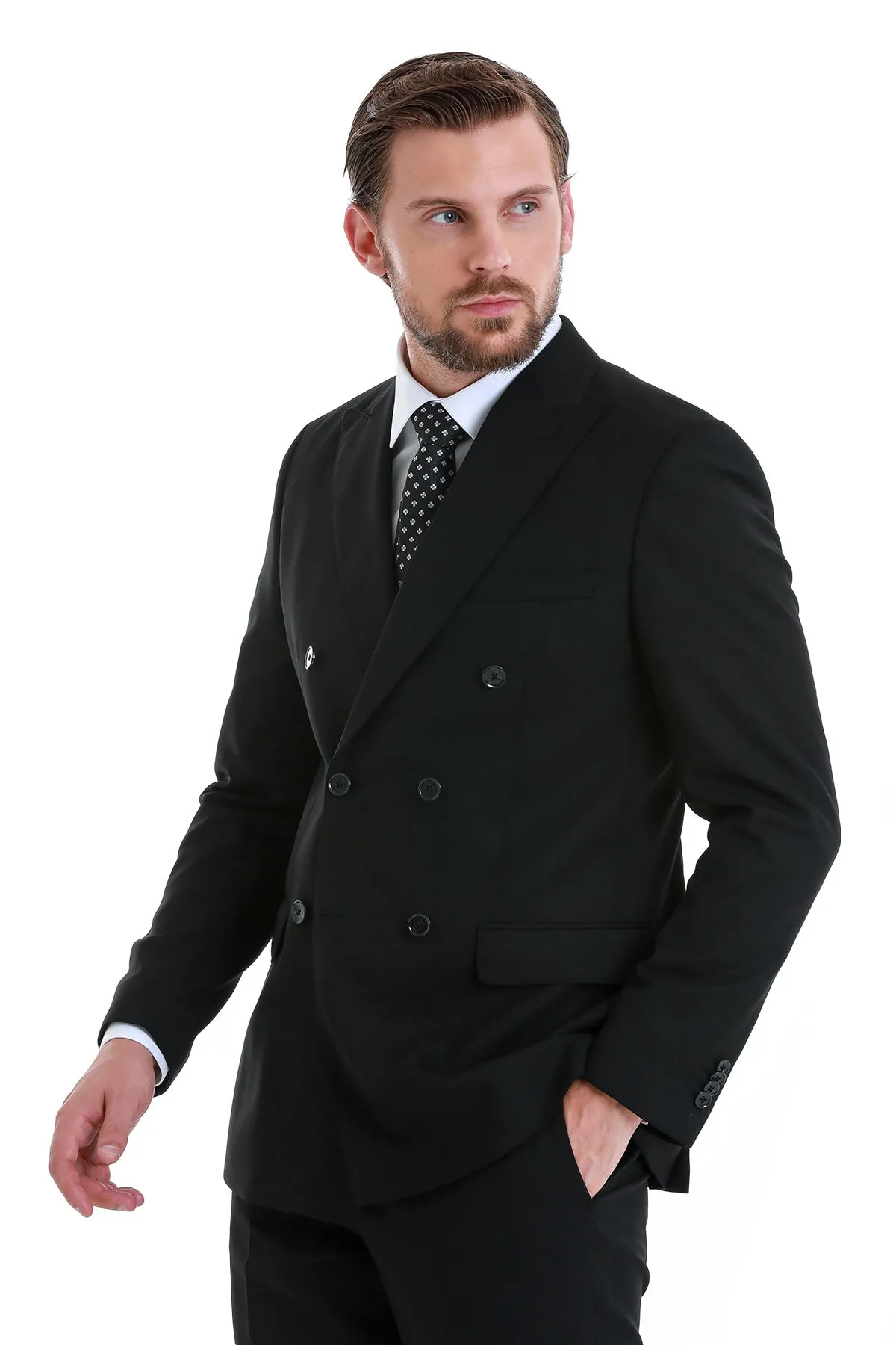 Slim Fit Double Breasted Black Wool Blend Classic Suit