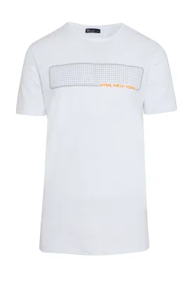 Slim Fit White Printed Cotton Blend Crew Neck T-Shirt