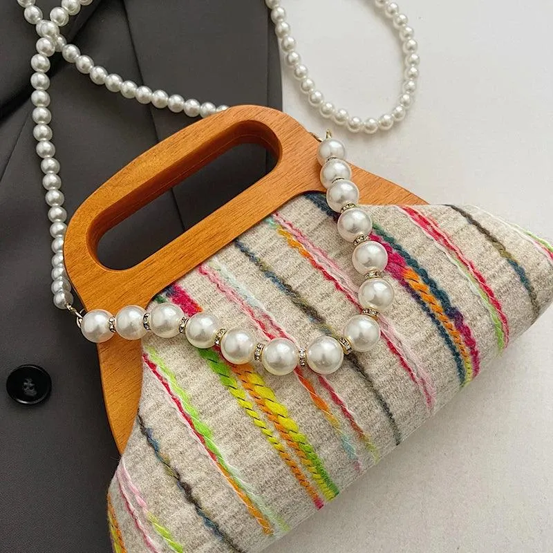 Small Clutches Colorful Striped Wooden Pearl Strap Women's Soft Crossbody Bags