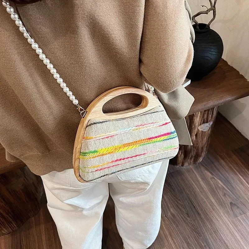 Small Clutches Colorful Striped Wooden Pearl Strap Women's Soft Crossbody Bags