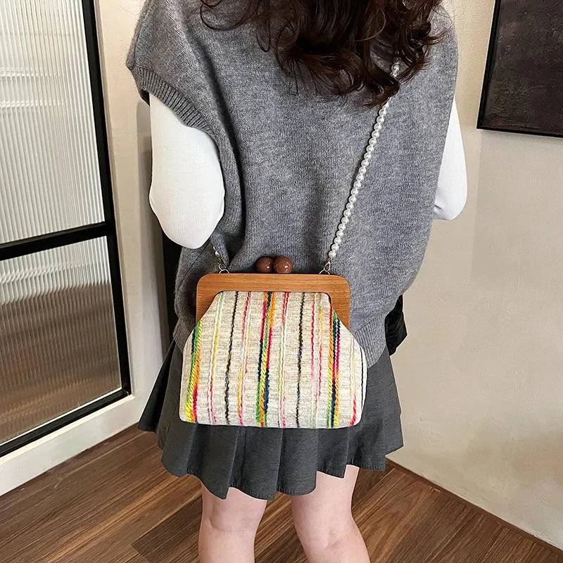 Small Clutches Colorful Striped Wooden Pearl Strap Women's Soft Crossbody Bags